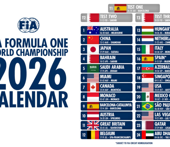 फॉर्मूला 1 2026: रेस कैलेंडर, प्रीसीज़न टेस्टिंग की तारीखें, और पूरा कार्यक्रम (नए नियम शुरू)